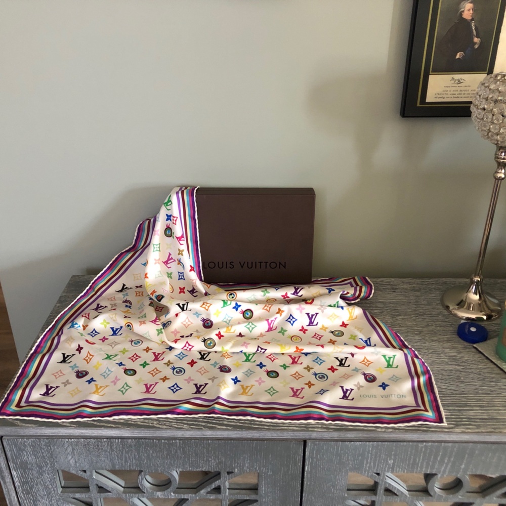 Louis Vuitton Cream Multicolor Monogram Silk Scarf